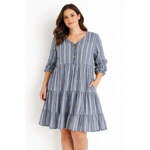 Old Navy Long-Sleeve Tiered Mini Swing Dress Sz XL Chambray Blue White Stripped